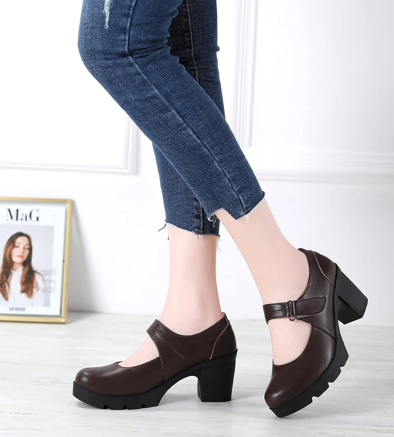 DADAWEN Women's Leather Classic Mid Heel Mary Jane Square Toe Oxfords Platform Dress Pumps Shoes