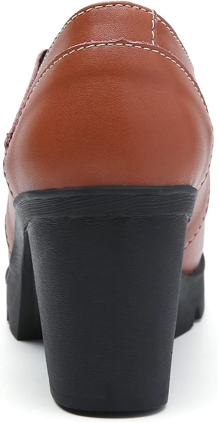 DADAWEN Women's Leather Classic Mid Heel Mary Jane Square Toe Oxfords Platform Dress Pumps Shoes
