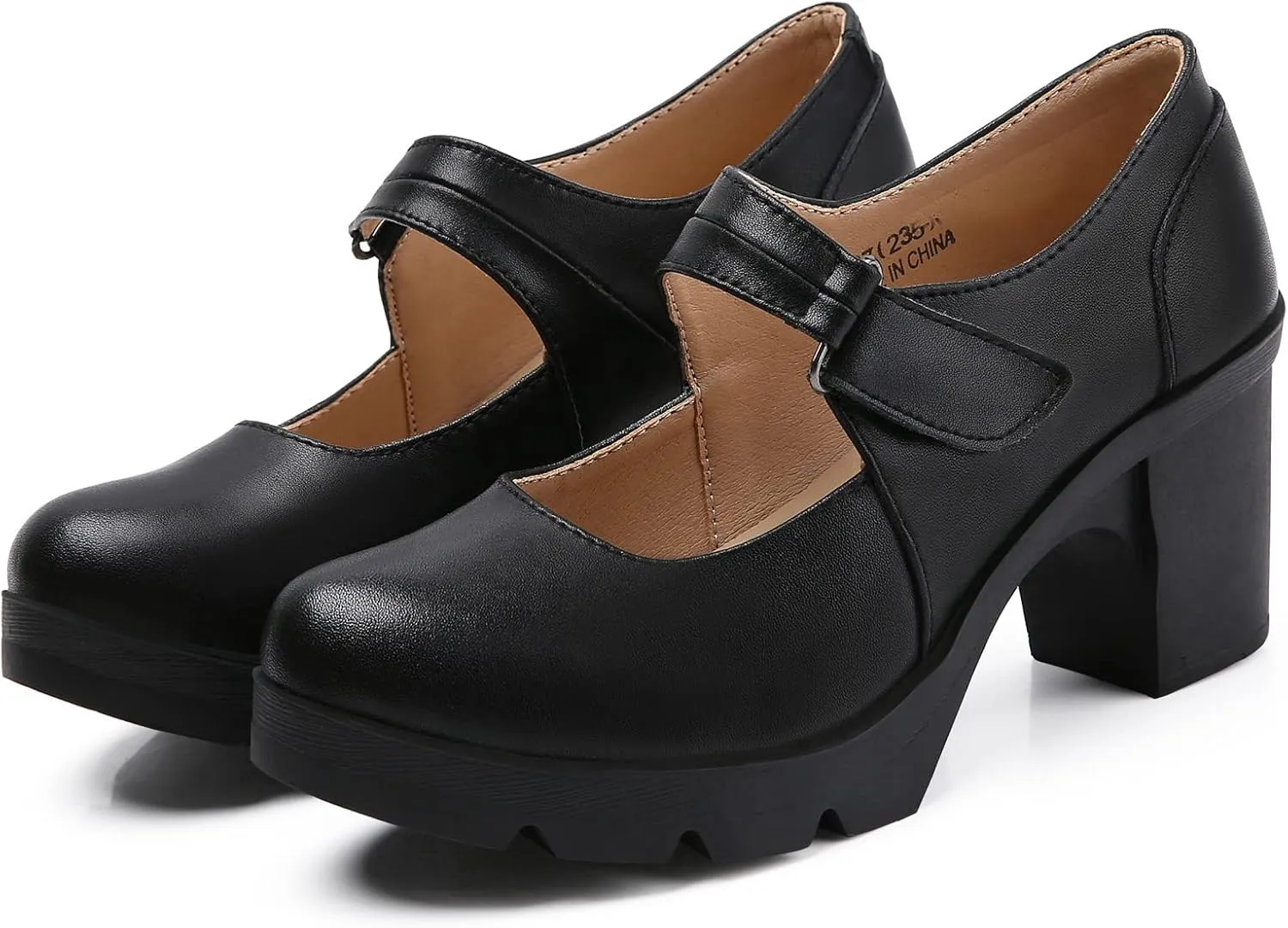 DADAWEN Women's Leather Classic Mid Heel Mary Jane Square Toe Oxfords Platform Dress Pumps Shoes