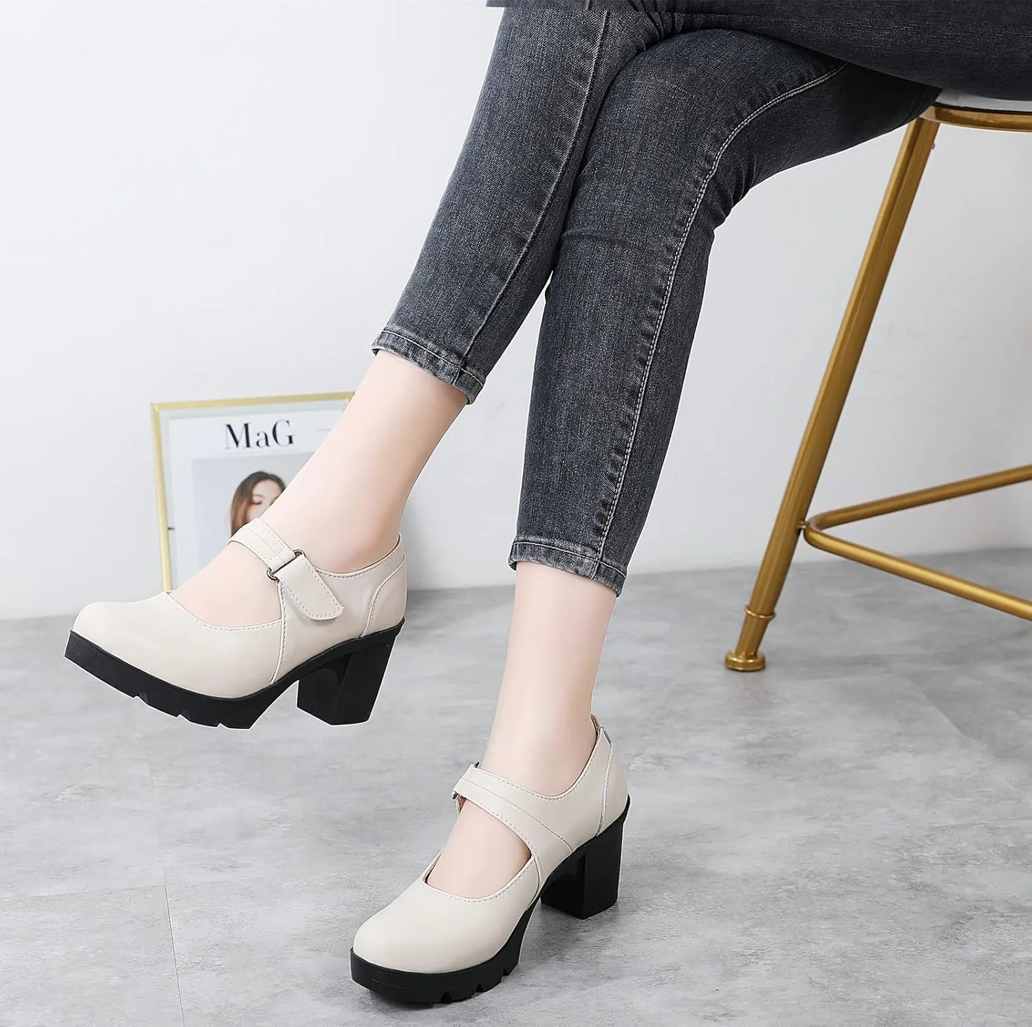 DADAWEN Women's Leather Classic Mid Heel Mary Jane Square Toe Oxfords Platform Dress Pumps Shoes