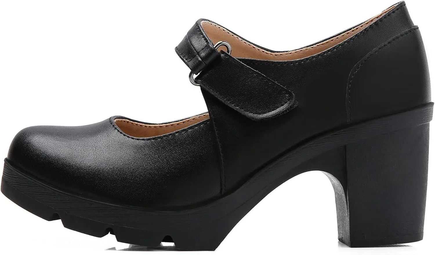DADAWEN Women's Leather Classic Mid Heel Mary Jane Square Toe Oxfords Platform Dress Pumps Shoes