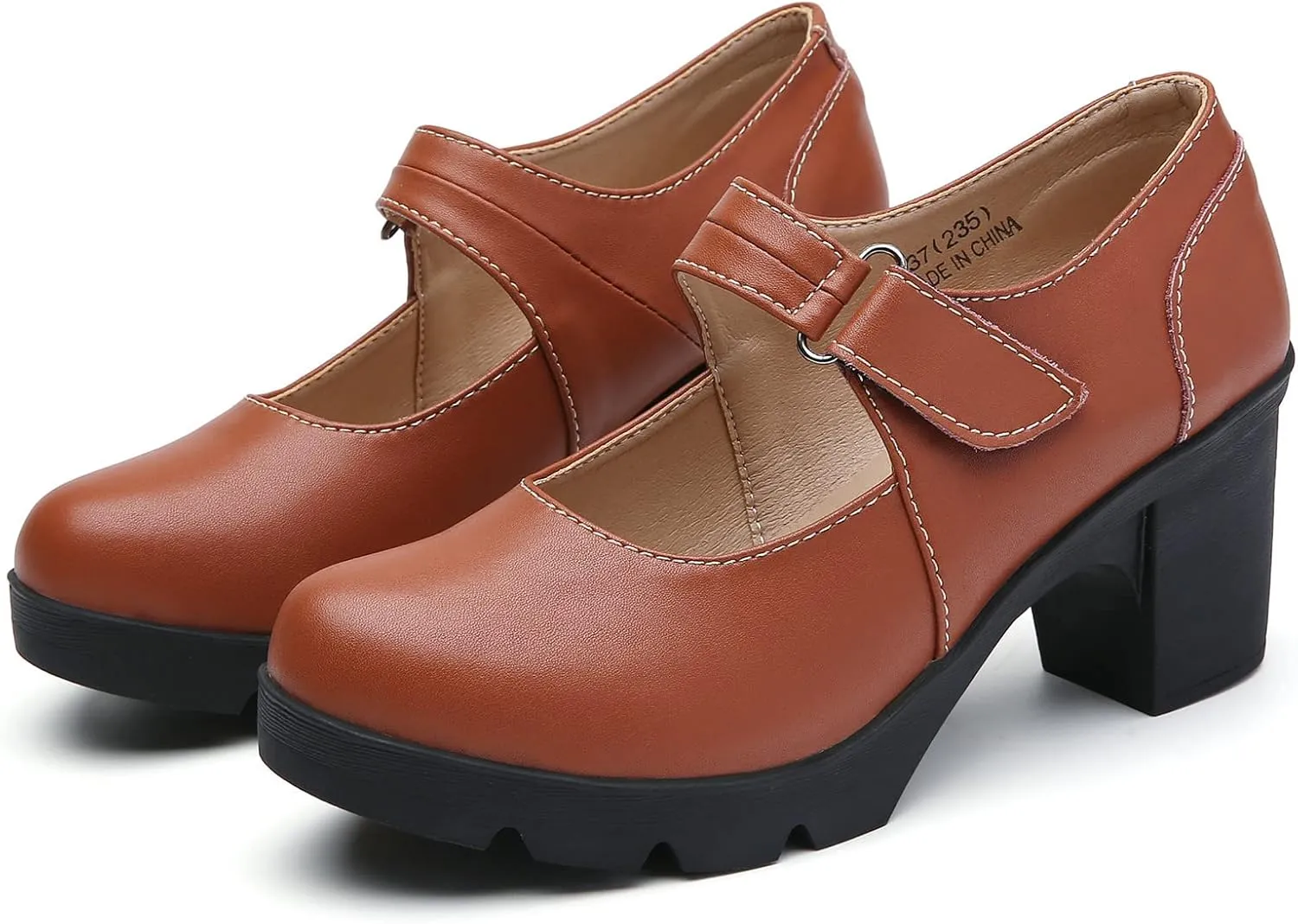 DADAWEN Women's Leather Classic Mid Heel Mary Jane Square Toe Oxfords Platform Dress Pumps Shoes