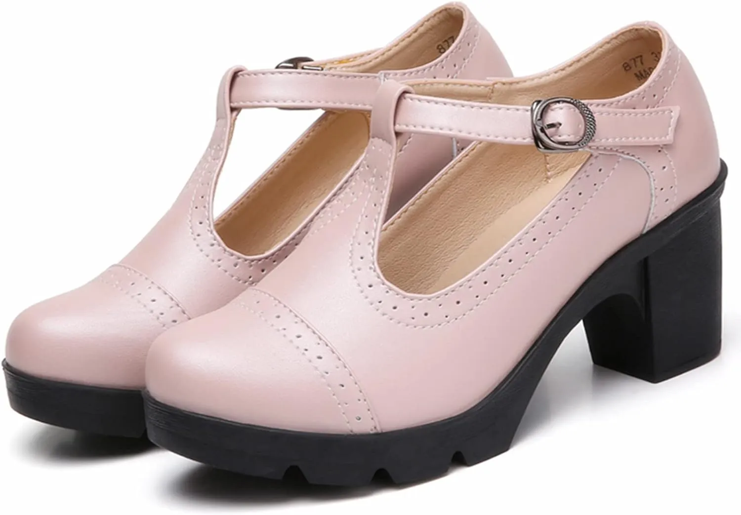 DADAWEN Women's Leather Classic T-Strap Platform Chunky Mid-Heel Mary Jane Square Toe Oxfords Dress Pump Shoes