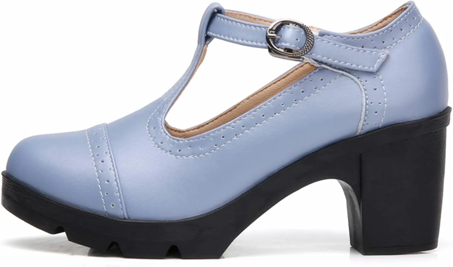 DADAWEN Women's Leather Classic T-Strap Platform Chunky Mid-Heel Mary Jane Square Toe Oxfords Dress Pump Shoes