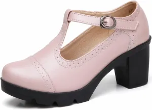 DADAWEN Women's Leather Classic T-Strap Platform Chunky Mid-Heel Mary Jane Square Toe Oxfords Dress Pump Shoes
