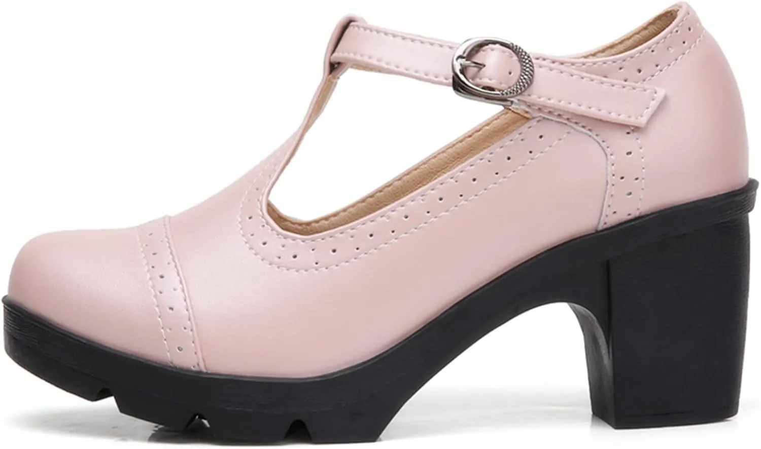 DADAWEN Women's Leather Classic T-Strap Platform Chunky Mid-Heel Mary Jane Square Toe Oxfords Dress Pump Shoes