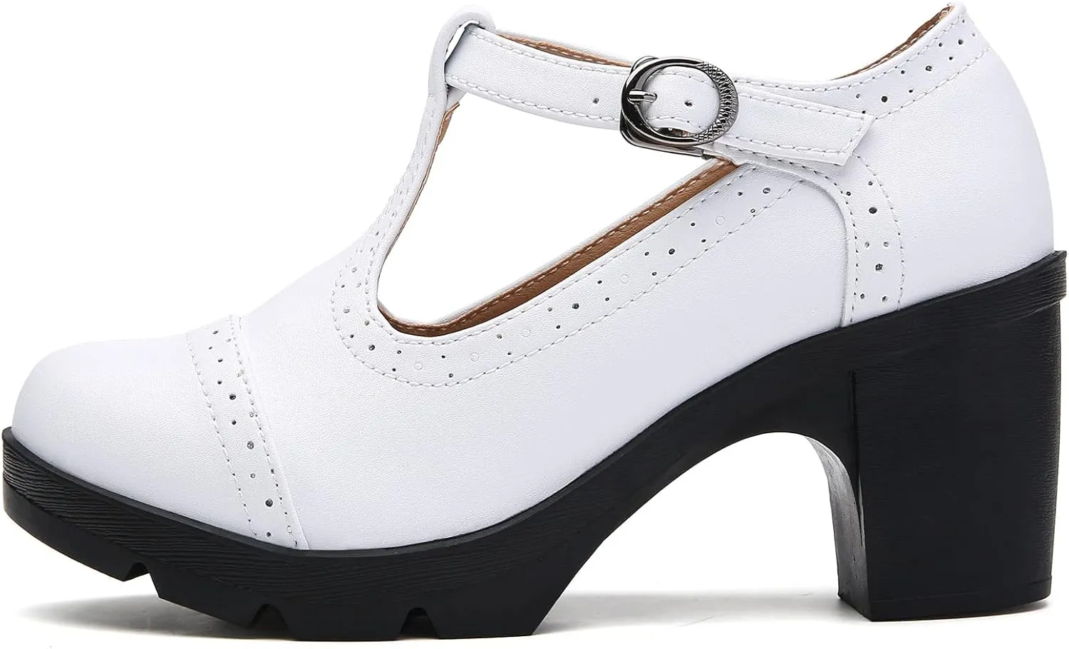 DADAWEN Women's Leather Classic T-Strap Platform Chunky Mid-Heel Mary Jane Square Toe Oxfords Dress Pump Shoes