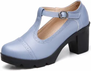 DADAWEN Women's Leather Classic T-Strap Platform Chunky Mid-Heel Mary Jane Square Toe Oxfords Dress Pump Shoes