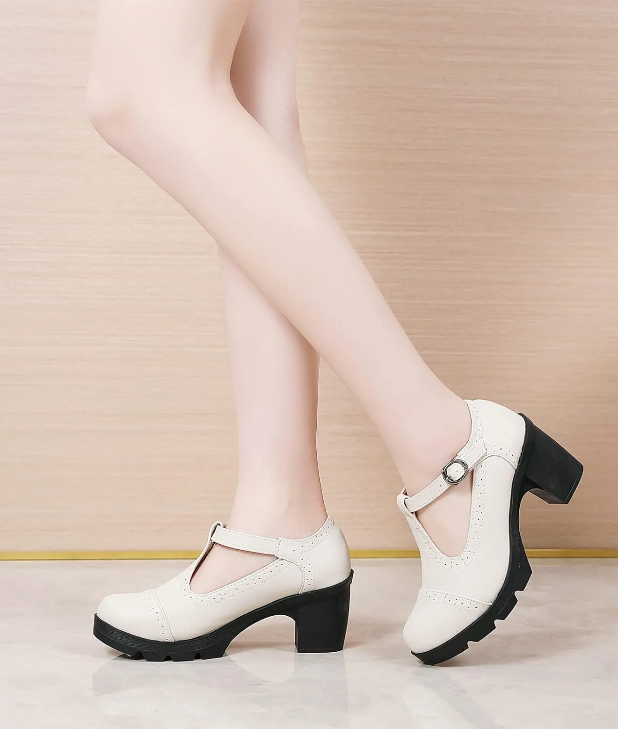 DADAWEN Women's Leather Classic T-Strap Platform Chunky Mid-Heel Mary Jane Square Toe Oxfords Dress Pump Shoes