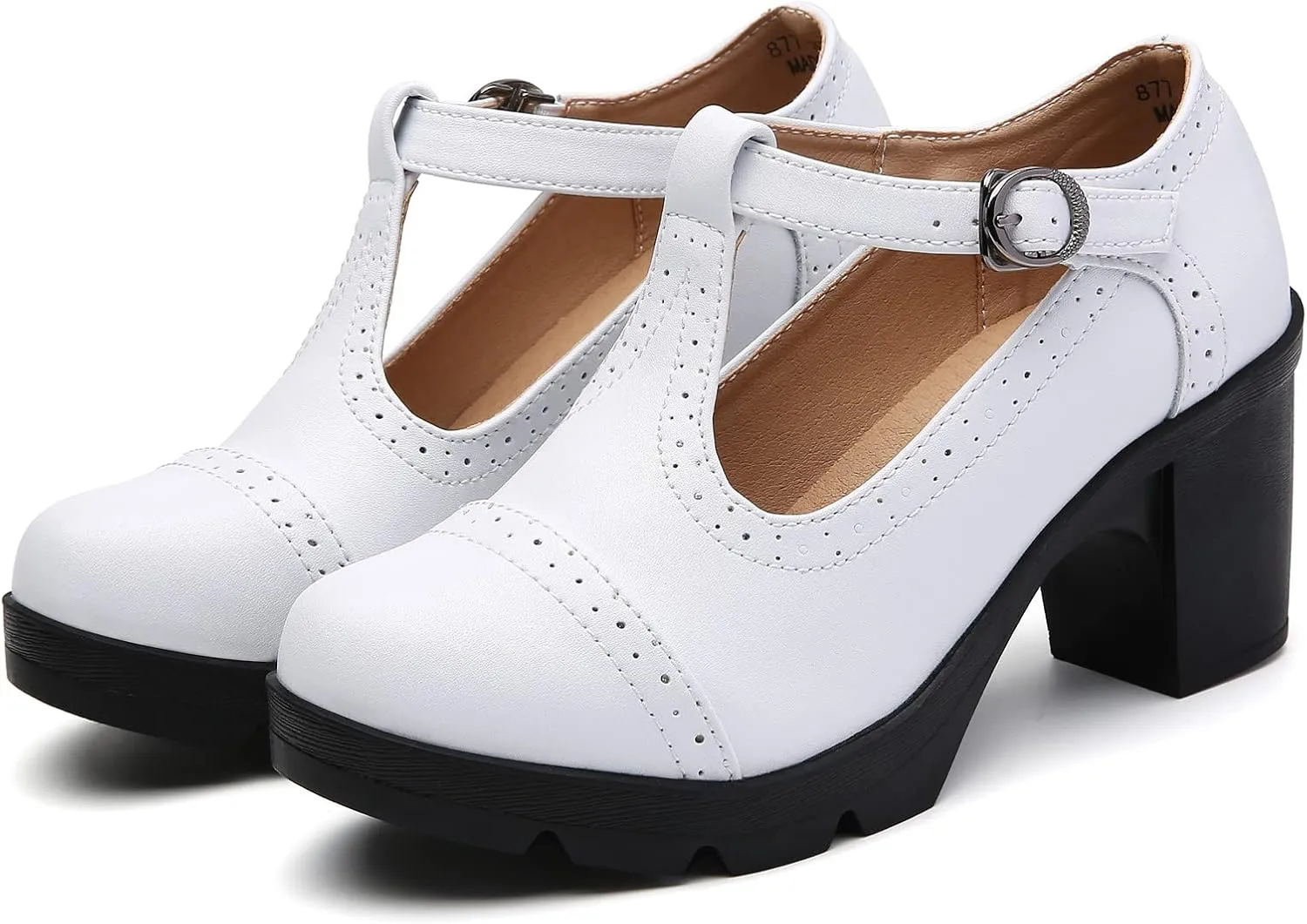 DADAWEN Women's Leather Classic T-Strap Platform Chunky Mid-Heel Mary Jane Square Toe Oxfords Dress Pump Shoes