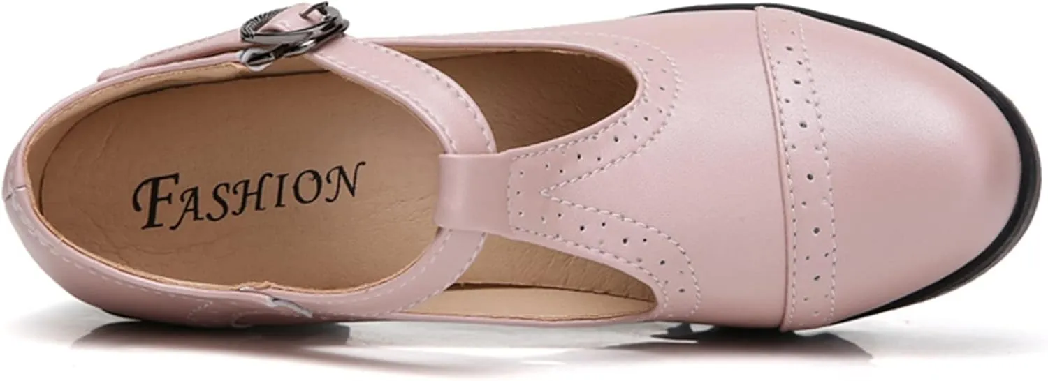 DADAWEN Women's Leather Classic T-Strap Platform Chunky Mid-Heel Mary Jane Square Toe Oxfords Dress Pump Shoes