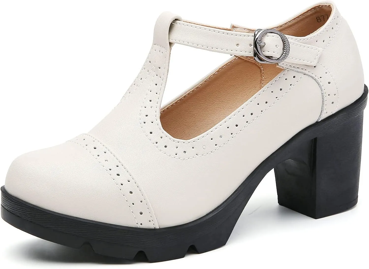 DADAWEN Women's Leather Classic T-Strap Platform Chunky Mid-Heel Mary Jane Square Toe Oxfords Dress Pump Shoes