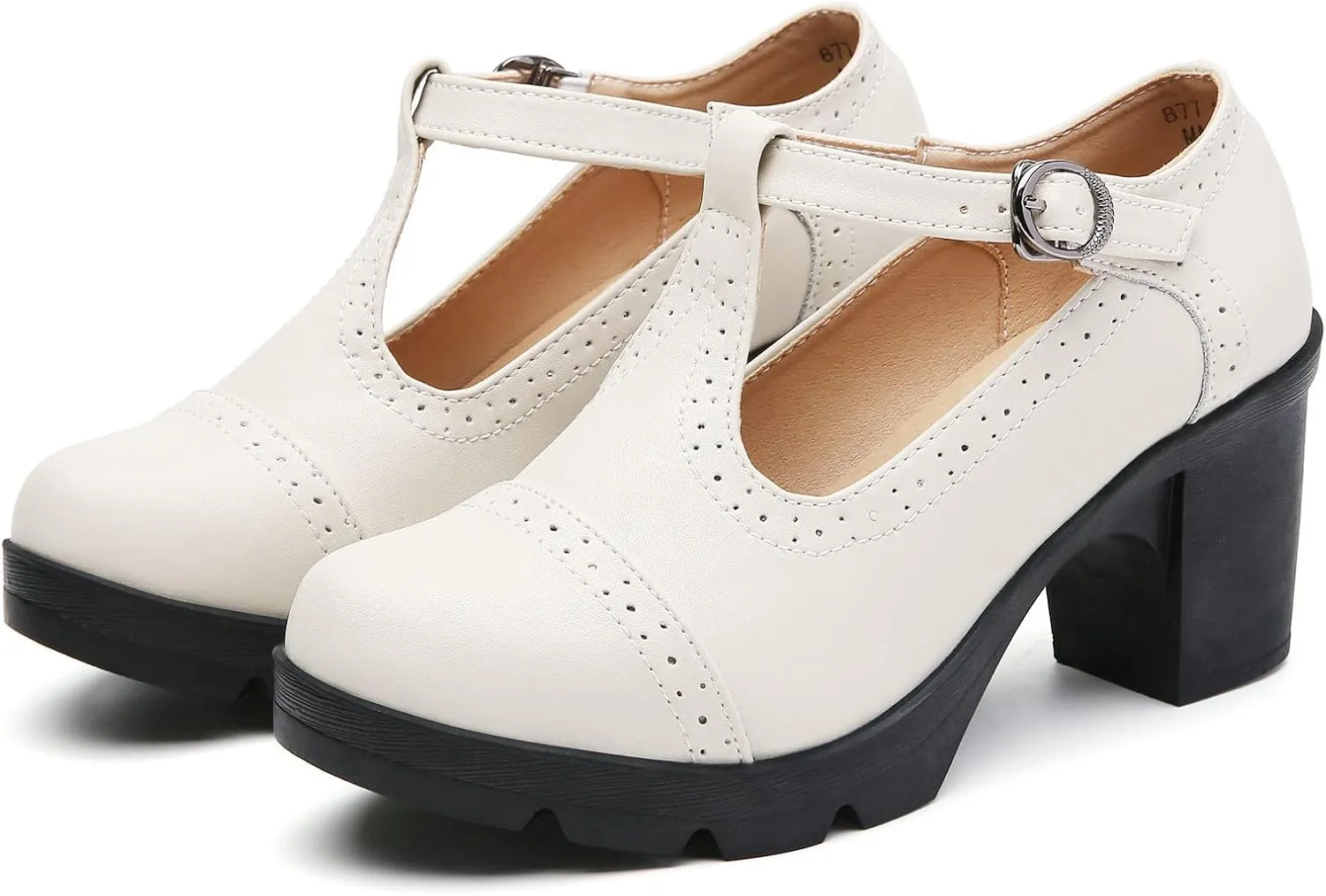 DADAWEN Women's Leather Classic T-Strap Platform Chunky Mid-Heel Mary Jane Square Toe Oxfords Dress Pump Shoes