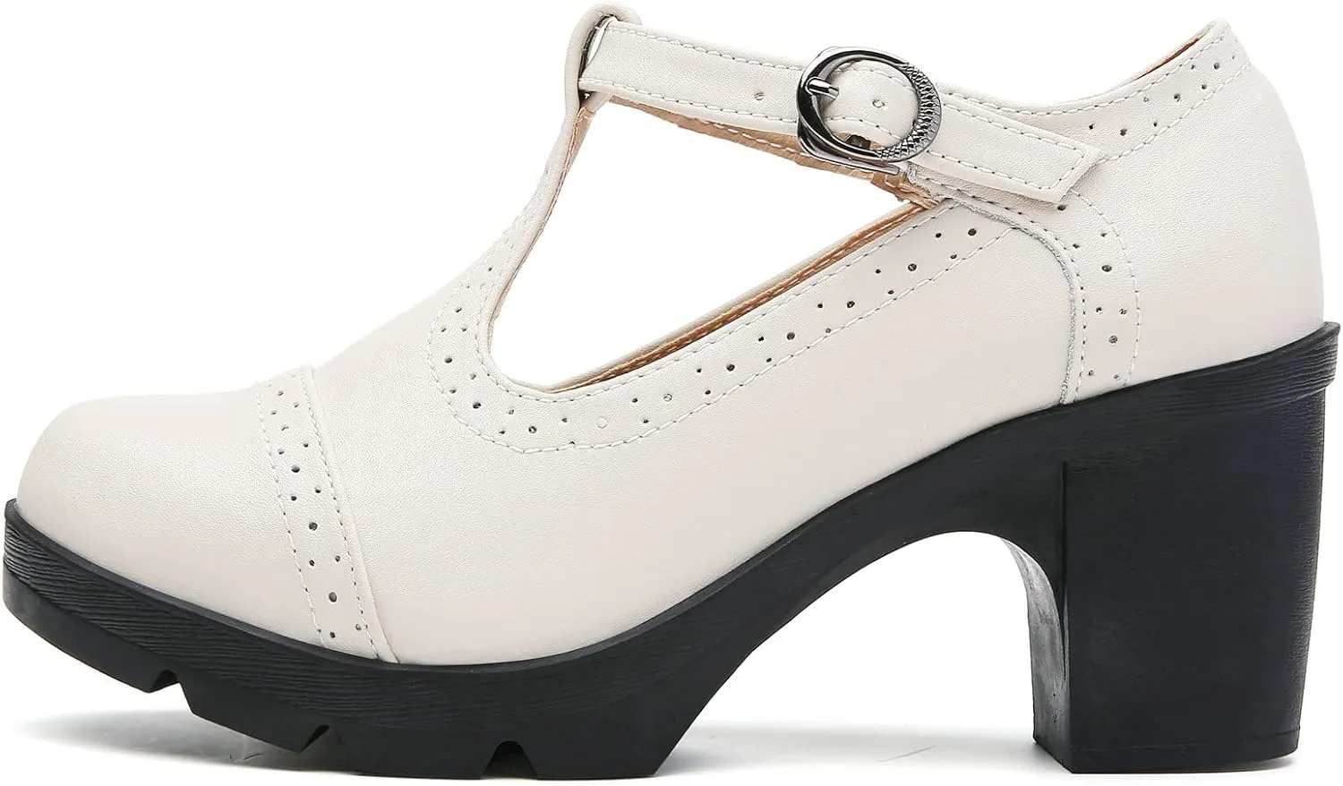 DADAWEN Women's Leather Classic T-Strap Platform Chunky Mid-Heel Mary Jane Square Toe Oxfords Dress Pump Shoes
