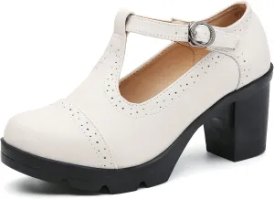 DADAWEN Women's Leather Classic T-Strap Platform Chunky Mid-Heel Mary Jane Square Toe Oxfords Dress Pump Shoes