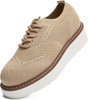 DADAWEN Women's Platform Lace-Up Wingtips Square Toe Oxford Shoes Mesh Breathable Knit Comfort Casual Dressy School Work Dress Shoes