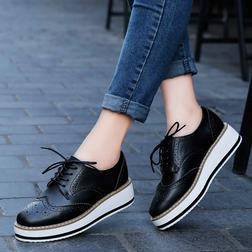DADAWEN Women's Platform Lace-Up Wingtips Square Toe Oxfords Shoe