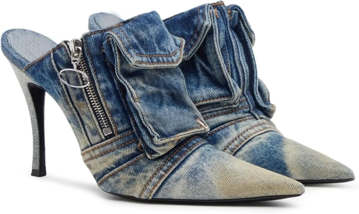Denim Heeled Mules for Women Pointed Toe Slingback Pumps Slip-on Stiletto High Heel Jeans Mules Slides Fashion Casual Backless Dress Shoes