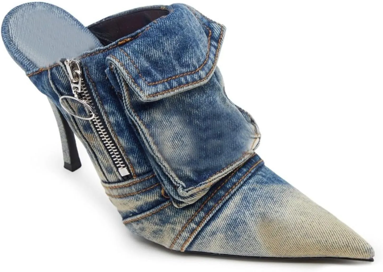 Denim Heeled Mules for Women Pointed Toe Slingback Pumps Slip-on Stiletto High Heel Jeans Mules Slides Fashion Casual Backless Dress Shoes