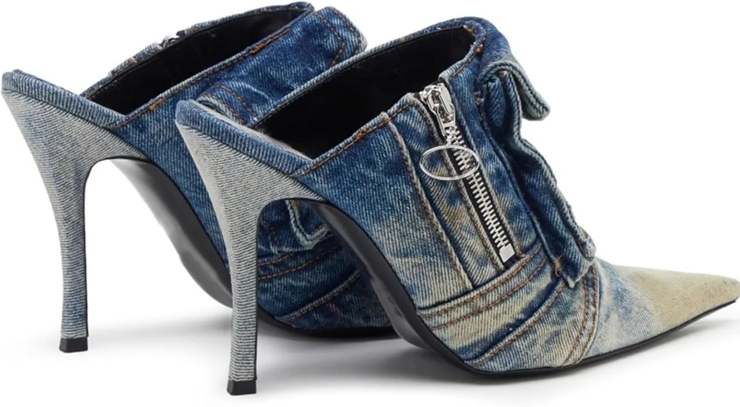 Denim Heeled Mules for Women Pointed Toe Slingback Pumps Slip-on Stiletto High Heel Jeans Mules Slides Fashion Casual Backless Dress Shoes