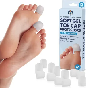 Dr. Frederick's Original Gel Toe Protectors for Men & Women - 12 ct - Toe Caps for Foot Pain Relief - Flexible Cushions for Ingrown Toenails, Corns, Calluses, Blisters, and Comfort - White - Medium