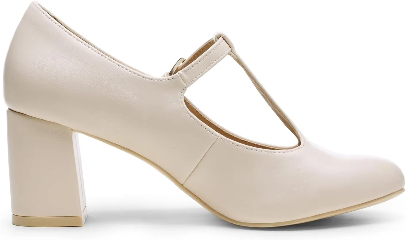 DREAM PAIRS Low Chunky Heels for Women T-Strap Mary Jane Pumps Wedding Dress Shoes