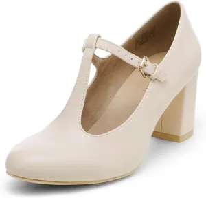 DREAM PAIRS Low Chunky Heels for Women T-Strap Mary Jane Pumps Wedding Dress Shoes