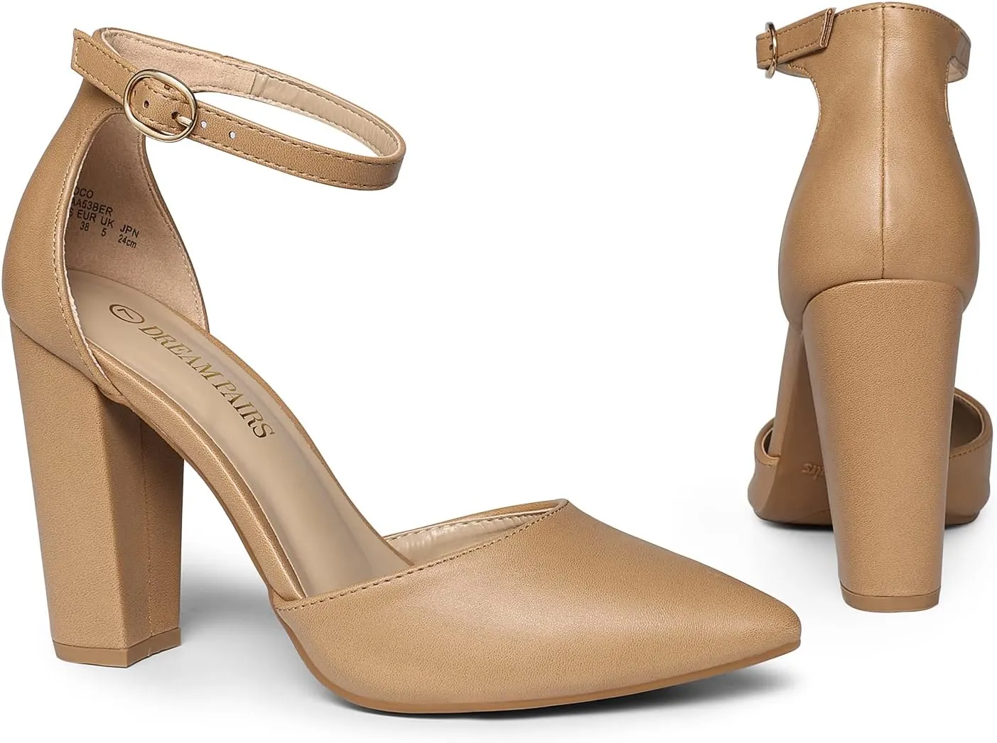 DREAM PAIRS Women's Coco High Heels Chunky Block Pumps Pointed Closed Toe Ankle Strap Dress Shoes