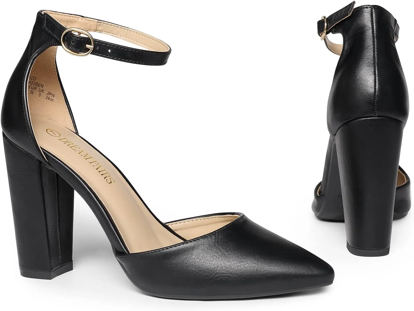 DREAM PAIRS Women's Coco High Heels Chunky Block Pumps Pointed Closed Toe Ankle Strap Dress Shoes