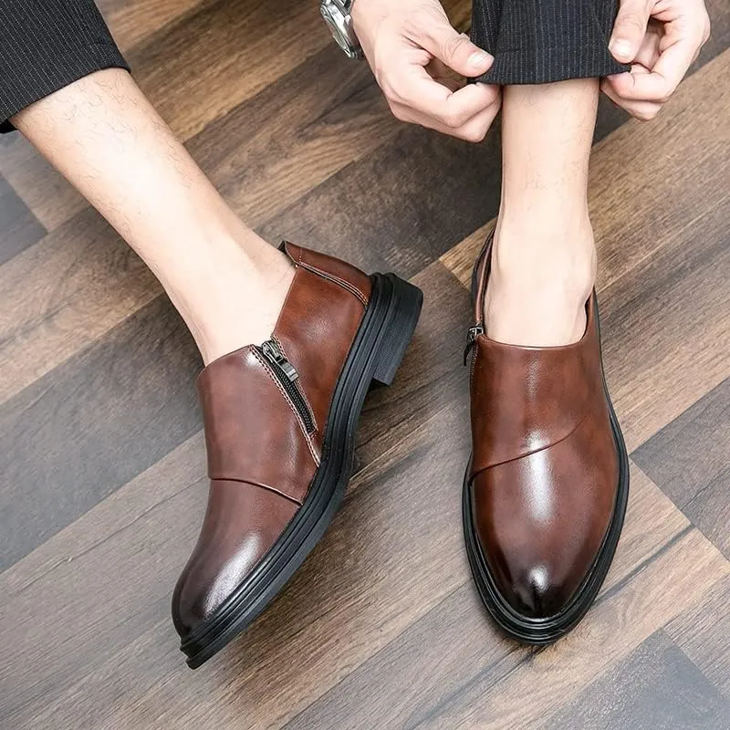 Dress Formal Shoes for Men Slip On Round Burnished Toe Vegan Leather Slip Resistant Rubber Sole Low Top Block Heel Anti-Slip Working