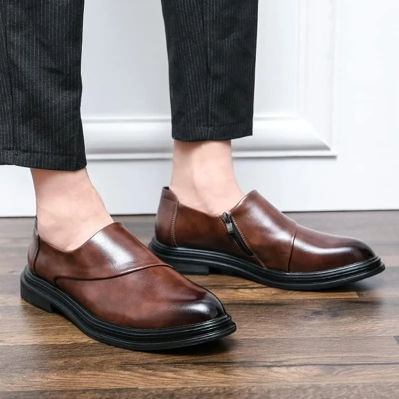 Dress Formal Shoes for Men Slip On Round Burnished Toe Vegan Leather Slip Resistant Rubber Sole Low Top Block Heel Anti-Slip Working