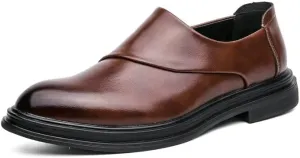 Dress Formal Shoes for Men Slip On Round Burnished Toe Vegan Leather Slip Resistant Rubber Sole Low Top Block Heel Anti-Slip Working