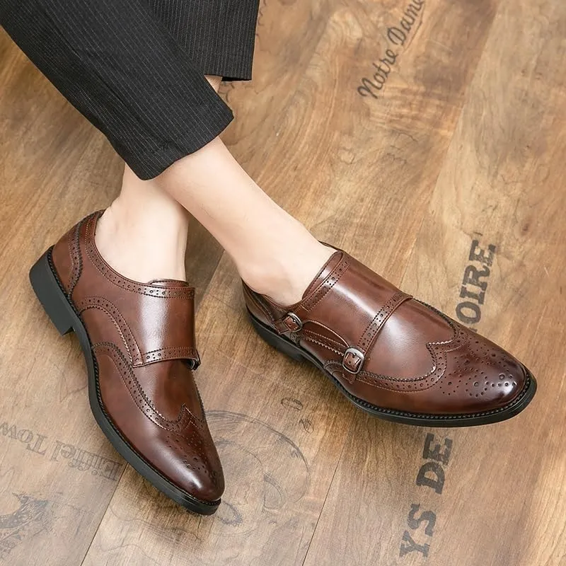Dress Oxford for Men Slip On Pointed Toe Brogue Embossed Wingtips Double Monk Strap PU Leather Non Slip Resistant Block Heel Low Top Working