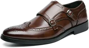 Dress Oxford for Men Slip On Pointed Toe Brogue Embossed Wingtips Double Monk Strap PU Leather Non Slip Resistant Block Heel Low Top Working