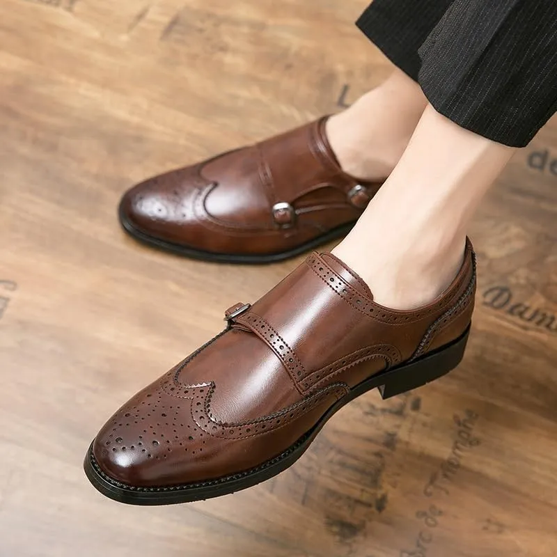 Dress Oxford for Men Slip On Pointed Toe Brogue Embossed Wingtips Double Monk Strap PU Leather Non Slip Resistant Block Heel Low Top Working