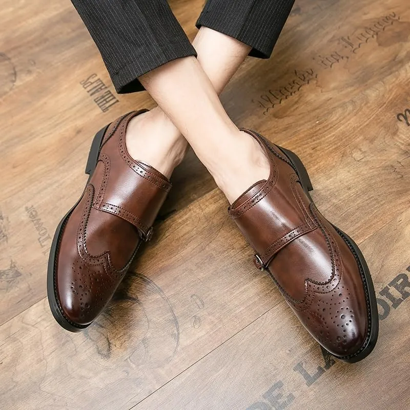 Dress Oxford for Men Slip On Pointed Toe Brogue Embossed Wingtips Double Monk Strap PU Leather Non Slip Resistant Block Heel Low Top Working