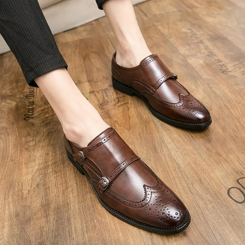 Dress Oxford for Men Slip On Pointed Toe Brogue Embossed Wingtips Double Monk Strap PU Leather Non Slip Resistant Block Heel Low Top Working