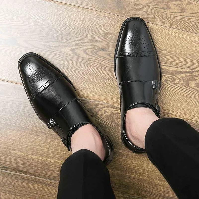 Dress Oxford Shoes for Men Slip On Square Burnished Toe Brogue Cap Toe Double Monk Strap Vegan Leather Resistant Non Slip Rubber Sole Block Heel