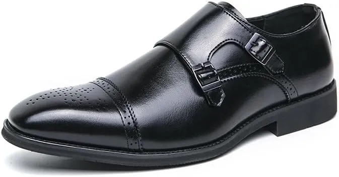 Dress Oxford Shoes for Men Slip On Square Burnished Toe Brogue Cap Toe Double Monk Strap Vegan Leather Resistant Non Slip Rubber Sole Block Heel