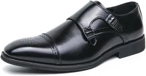 Dress Oxford Shoes for Men Slip On Square Burnished Toe Brogue Cap Toe Double Monk Strap Vegan Leather Resistant Non Slip Rubber Sole Block Heel