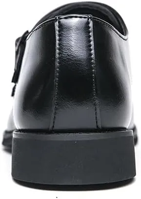 Dress Oxford Shoes for Men Slip On Square Burnished Toe Brogue Cap Toe Double Monk Strap Vegan Leather Resistant Non Slip Rubber Sole Block Heel