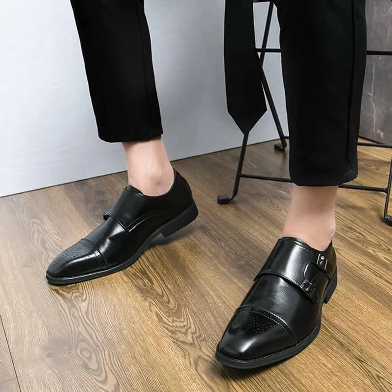 Dress Oxford Shoes for Men Slip On Square Burnished Toe Brogue Cap Toe Double Monk Strap Vegan Leather Resistant Non Slip Rubber Sole Block Heel