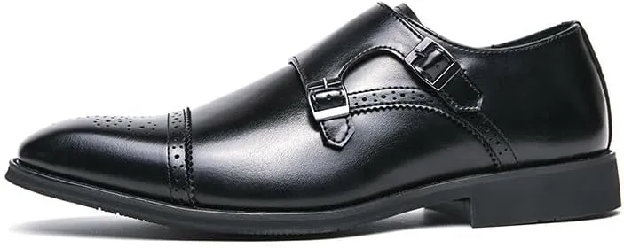 Dress Oxford Shoes for Men Slip On Square Burnished Toe Brogue Cap Toe Double Monk Strap Vegan Leather Resistant Non Slip Rubber Sole Block Heel