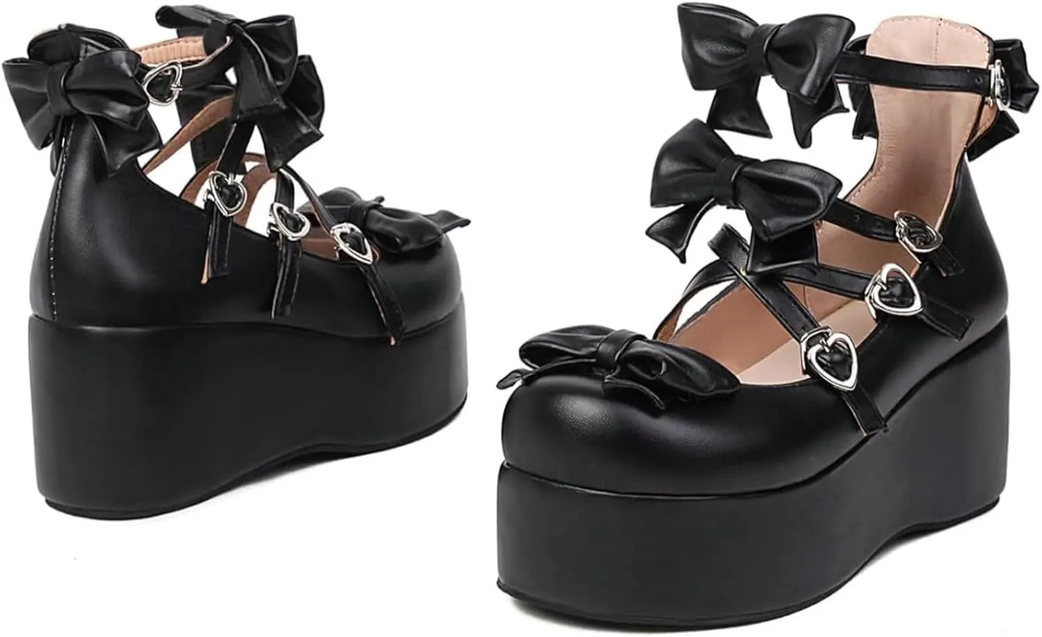 Elbslutt Womens Goth Mary Jane Shoes Platform Kawaii Cosplay Girls Lolita Shoes Round Toe Buckle Cross-Tied Strap Chunky Wedge Heel Bow Y2k Ankle Strap Dress Pumps Oxfords Shoes