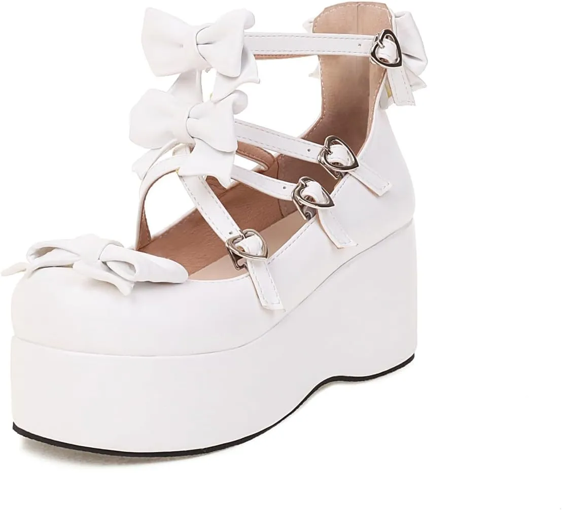 Elbslutt Womens Goth Mary Jane Shoes Platform Kawaii Cosplay Girls Lolita Shoes Round Toe Buckle Cross-Tied Strap Chunky Wedge Heel Bow Y2k Ankle Strap Dress Pumps Oxfords Shoes