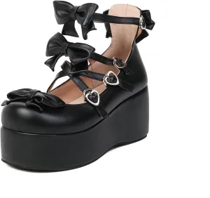 Elbslutt Womens Goth Mary Jane Shoes Platform Kawaii Cosplay Girls Lolita Shoes Round Toe Buckle Cross-Tied Strap Chunky Wedge Heel Bow Y2k Ankle Strap Dress Pumps Oxfords Shoes