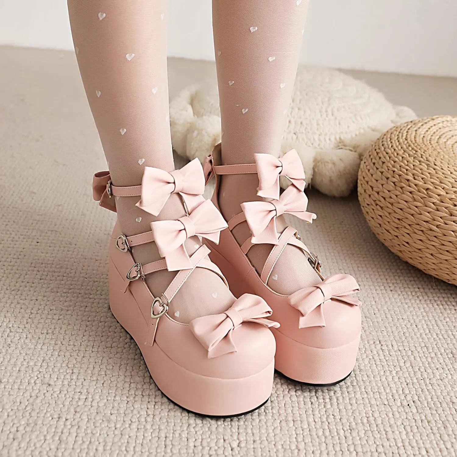 Elbslutt Womens Goth Mary Jane Shoes Platform Kawaii Cosplay Girls Lolita Shoes Round Toe Buckle Cross-Tied Strap Chunky Wedge Heel Bow Y2k Ankle Strap Dress Pumps Oxfords Shoes