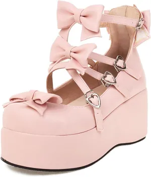 Elbslutt Womens Goth Mary Jane Shoes Platform Kawaii Cosplay Girls Lolita Shoes Round Toe Buckle Cross-Tied Strap Chunky Wedge Heel Bow Y2k Ankle Strap Dress Pumps Oxfords Shoes