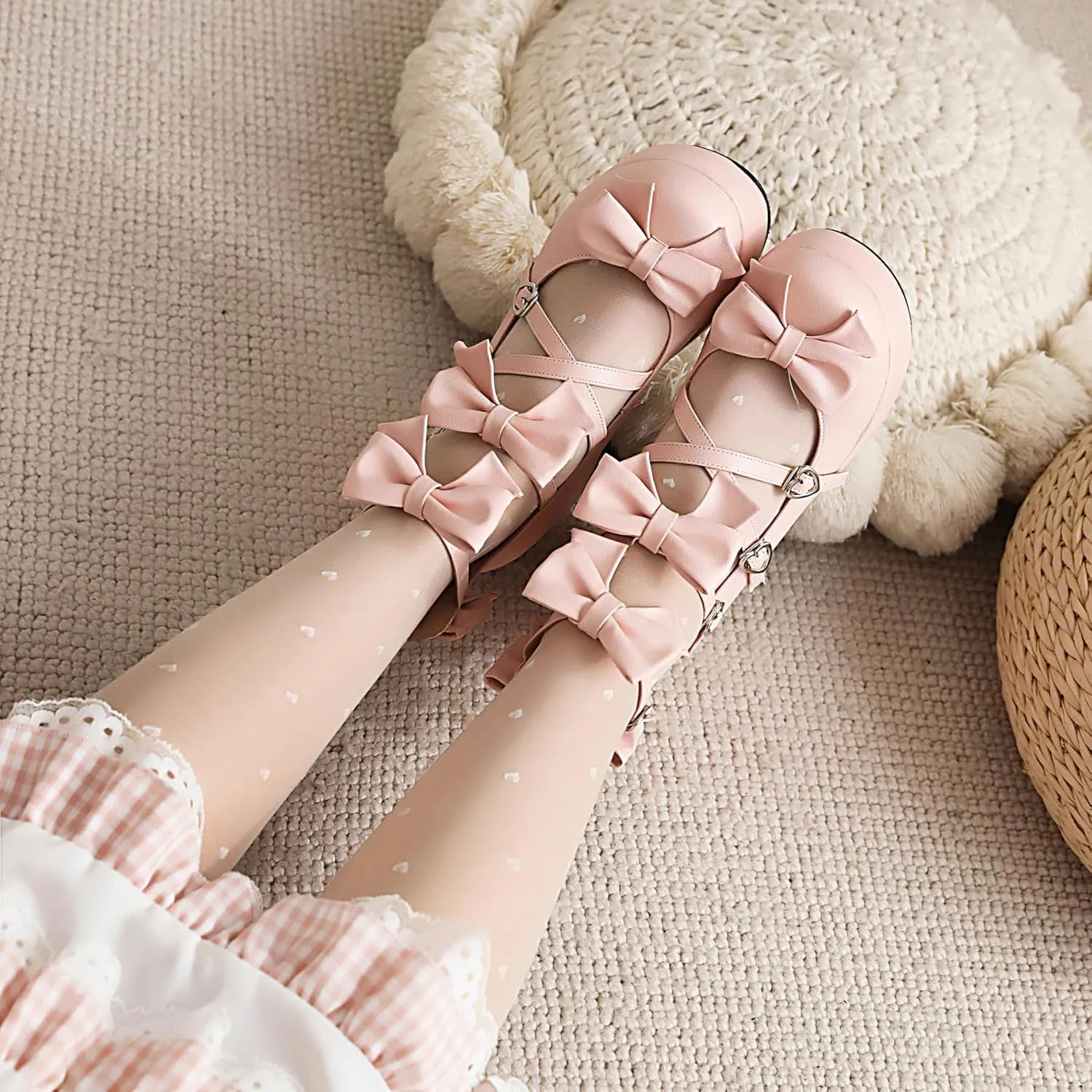 Elbslutt Womens Goth Mary Jane Shoes Platform Kawaii Cosplay Girls Lolita Shoes Round Toe Buckle Cross-Tied Strap Chunky Wedge Heel Bow Y2k Ankle Strap Dress Pumps Oxfords Shoes