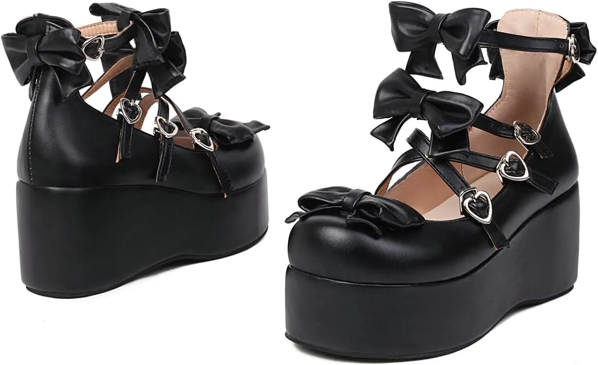 Elbslutt Womens Goth Mary Jane Shoes Platform Kawaii Cosplay Girls Lolita Shoes Round Toe Buckle Cross-Tied Strap Chunky Wedge Heel Bow Y2k Ankle Strap Dress Pumps Oxfords Shoes
